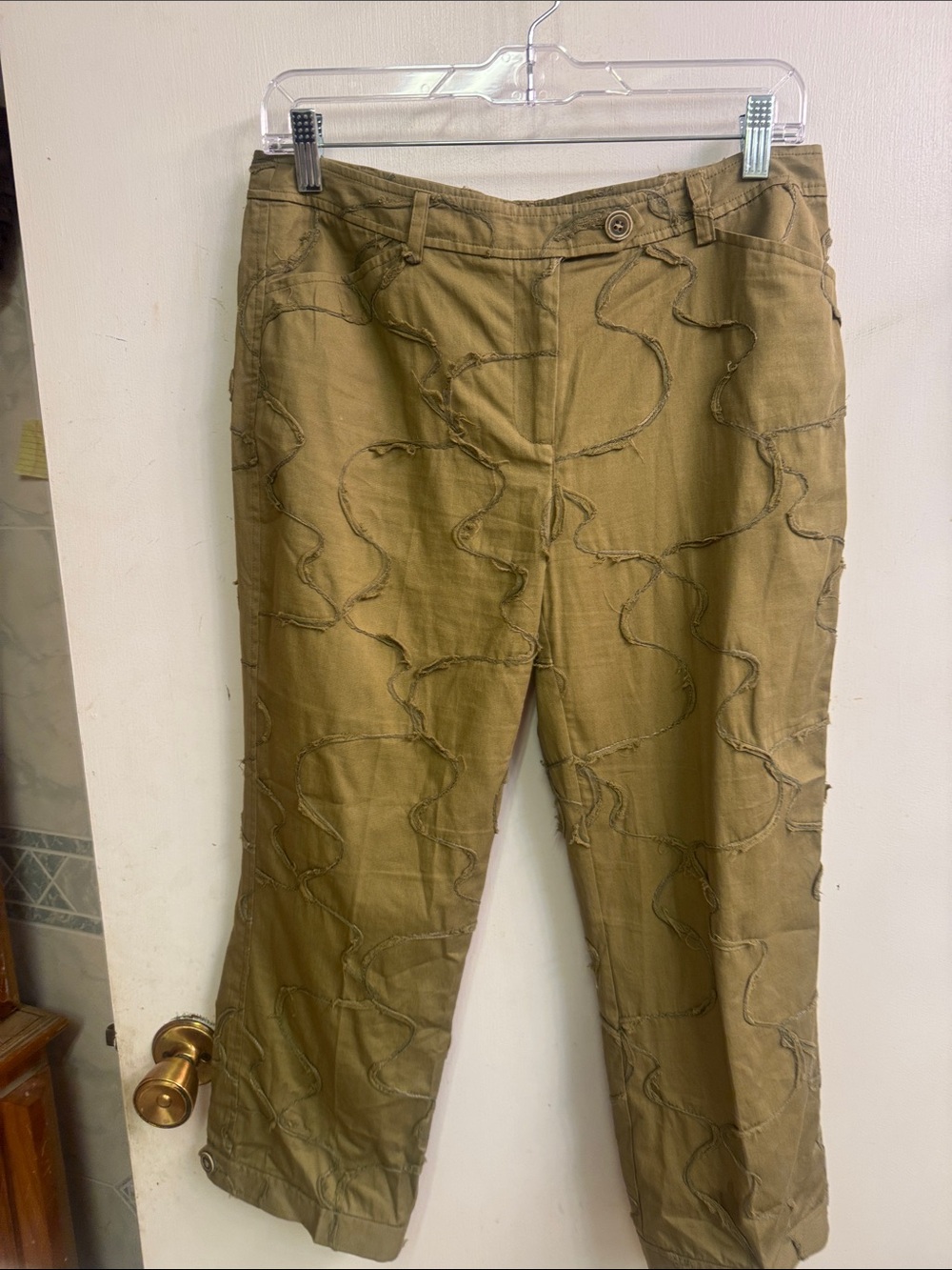women’s Olive Green Casual Pants – Distressed Stitch Design